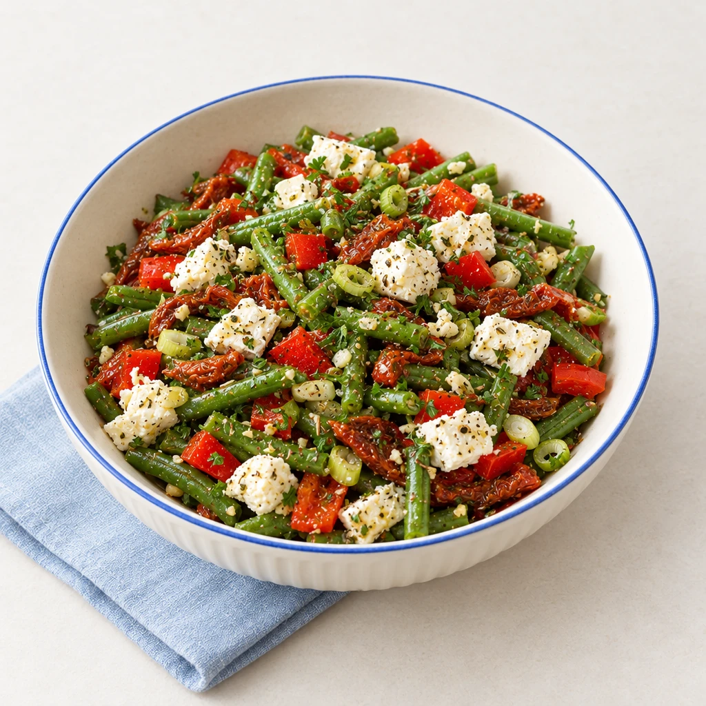 Gegarter Stangenbohnensalat mit roter Paprika, getrockneten Tomaten und Schafskäsewürfeln, daneben Mehrkornbrötchen.