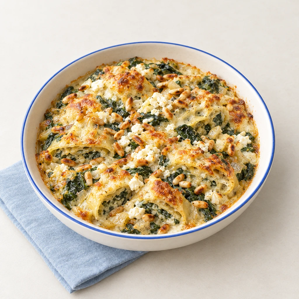 Goldbrauner Maultaschen-Auflauf mit Spinat, Feta, Béchamelsauce und gerösteten Pinienkernen.