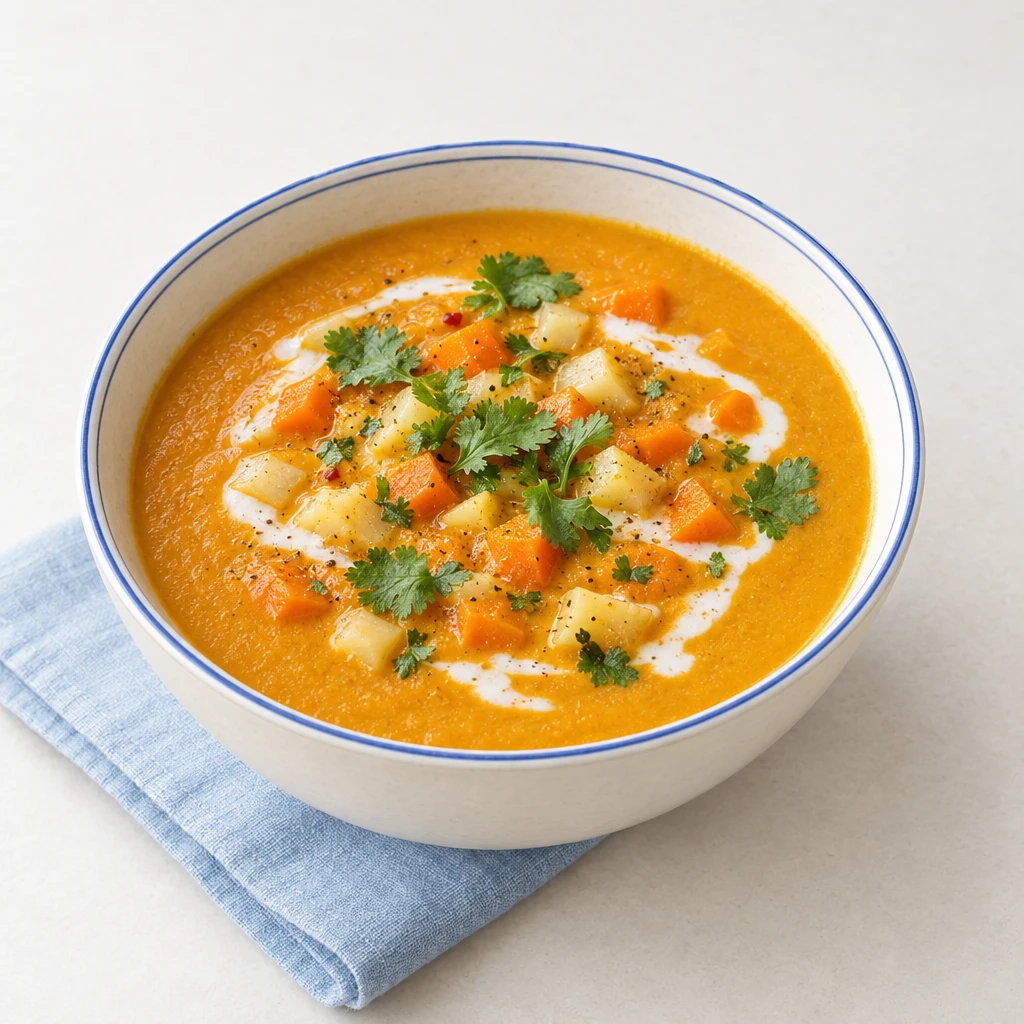 Cremige Karottensuppe mit Kohlrabiwürfeln, Kokosmilch und Koriandergrün.