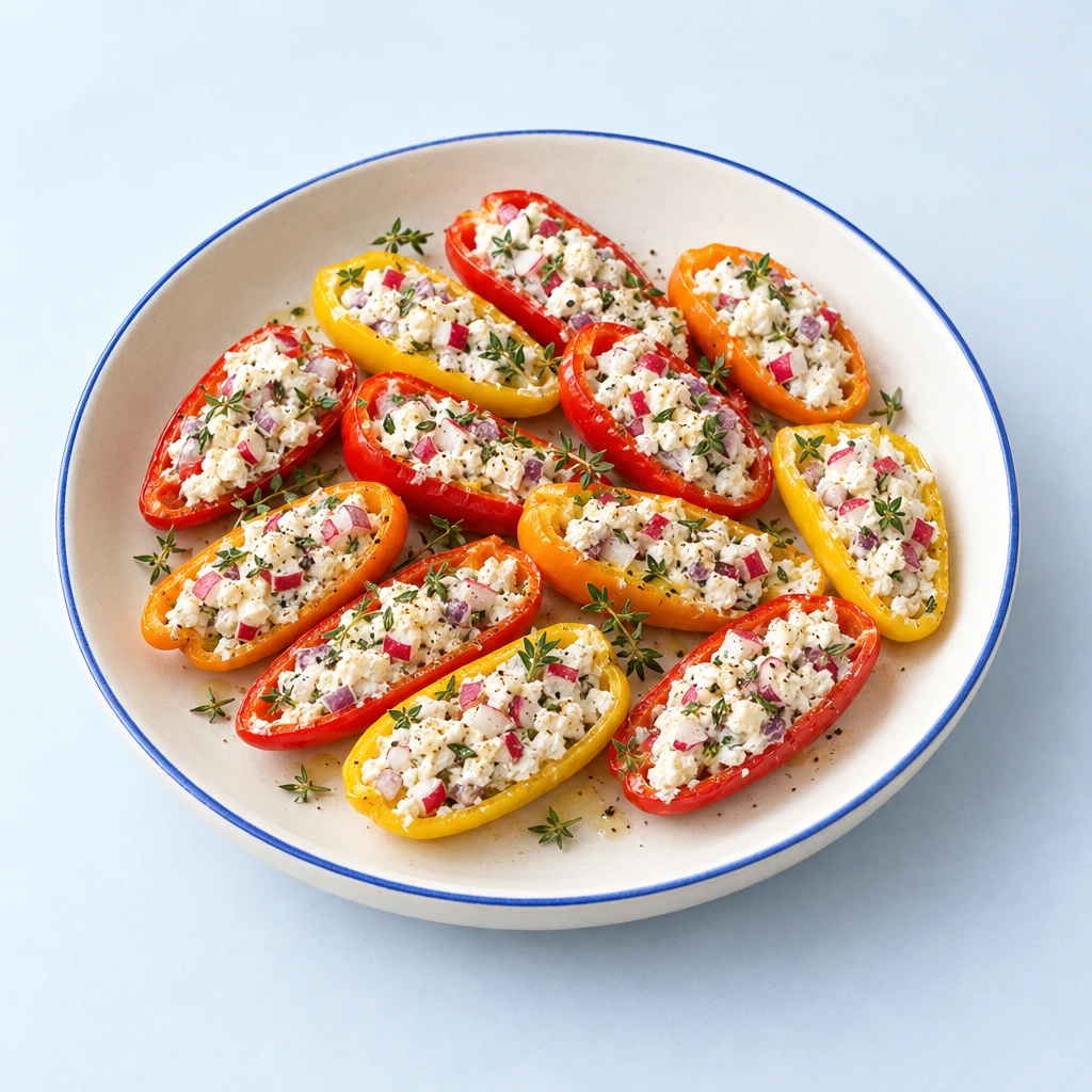 Bunte Mini-Paprikahälften mit einer Füllung aus Feta, Frischkäse, Radieschen, roter Zwiebel und Thymian.
