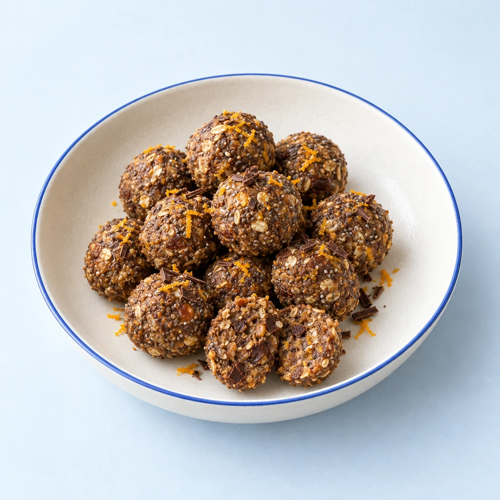 Chia-Schoko-Kugeln mit Datteln und Orange auf einem Teller, eine Kugel aufgeschnitten.