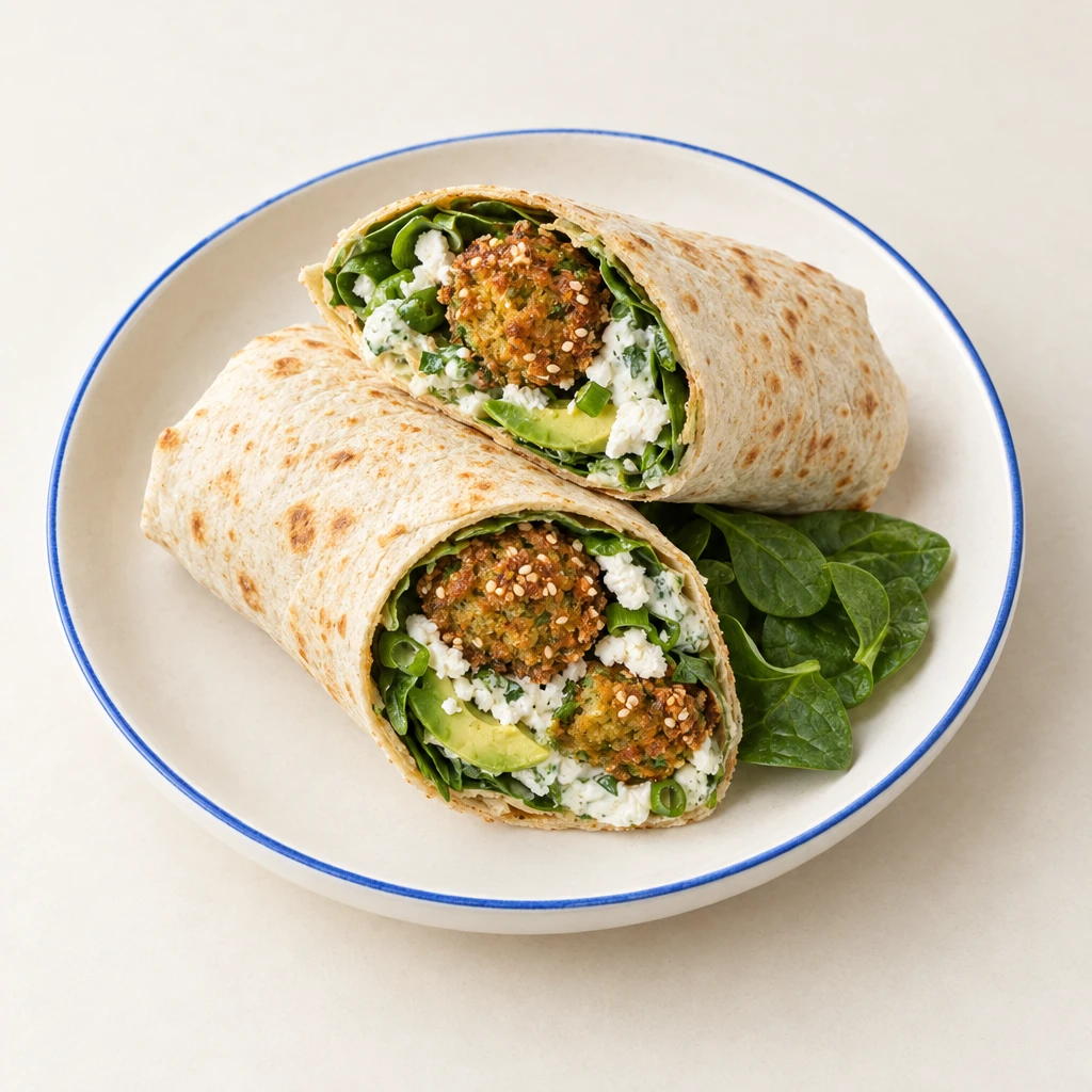 Tortilla-Wraps mit goldbraunen Sesam-Falafeln, Feta, Avocado, Babyspinat und Joghurt-Minze-Sauce.