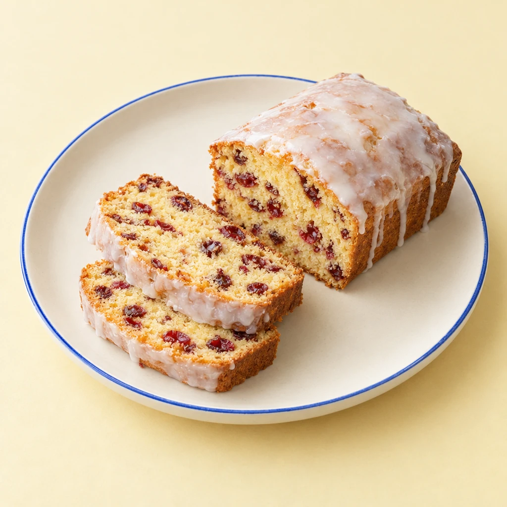 Cranberry-Kastenkuchen mit Zitronenglasur und getrockneten Cranberries im Anschnitt.
