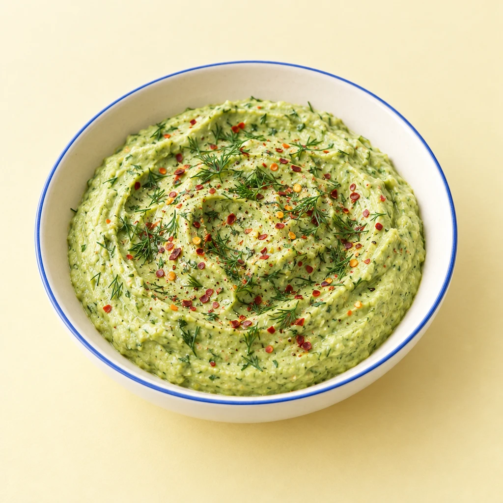 Hellgrüne Avocadocreme mit fein gehacktem Dill und Chiliflocken in einer Schüssel.