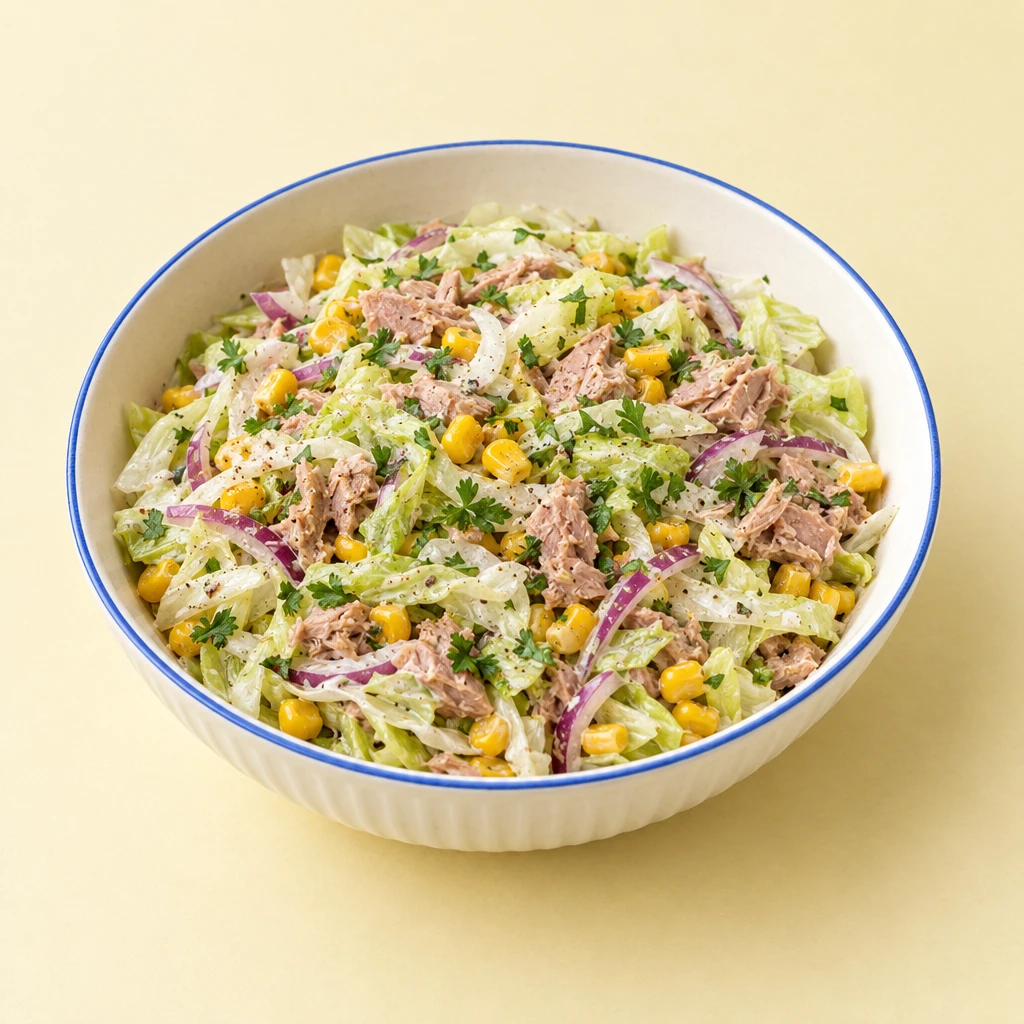 Eisbergsalat mit Mais, roten Zwiebelstreifen und cremigem Dressing, mit Thunfischstückchen und Petersilie bestreut, dazu Baguettescheiben.