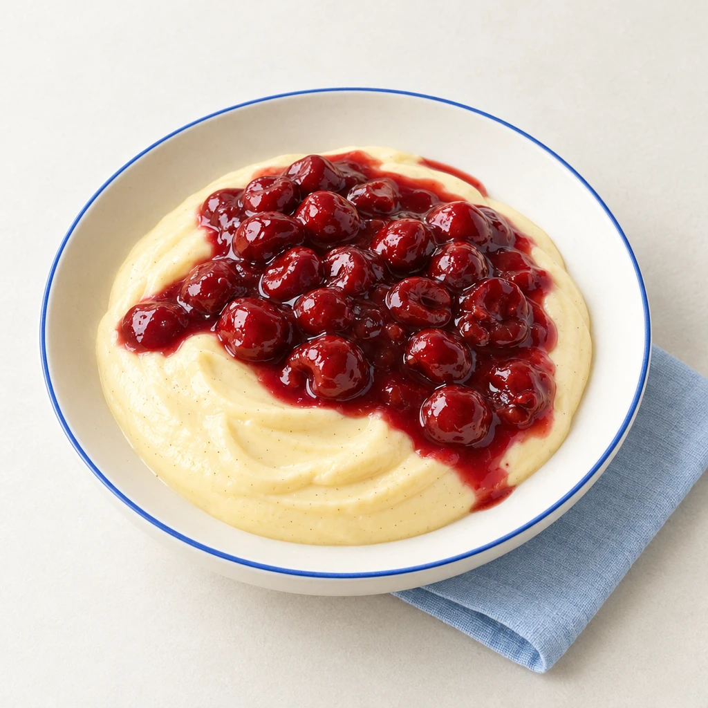 Bayerische Creme im Glas mit Sauerkirschen und glänzender Kirschsauce.