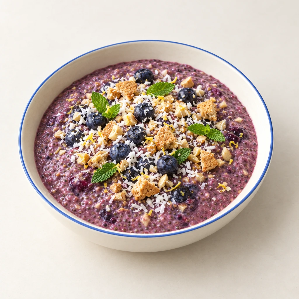 Violetter Heidelbeer-Chia-Pudding mit Cashewstückchen, Pfefferminzblättchen und Kokosflocken, dazu vegane Kekse.