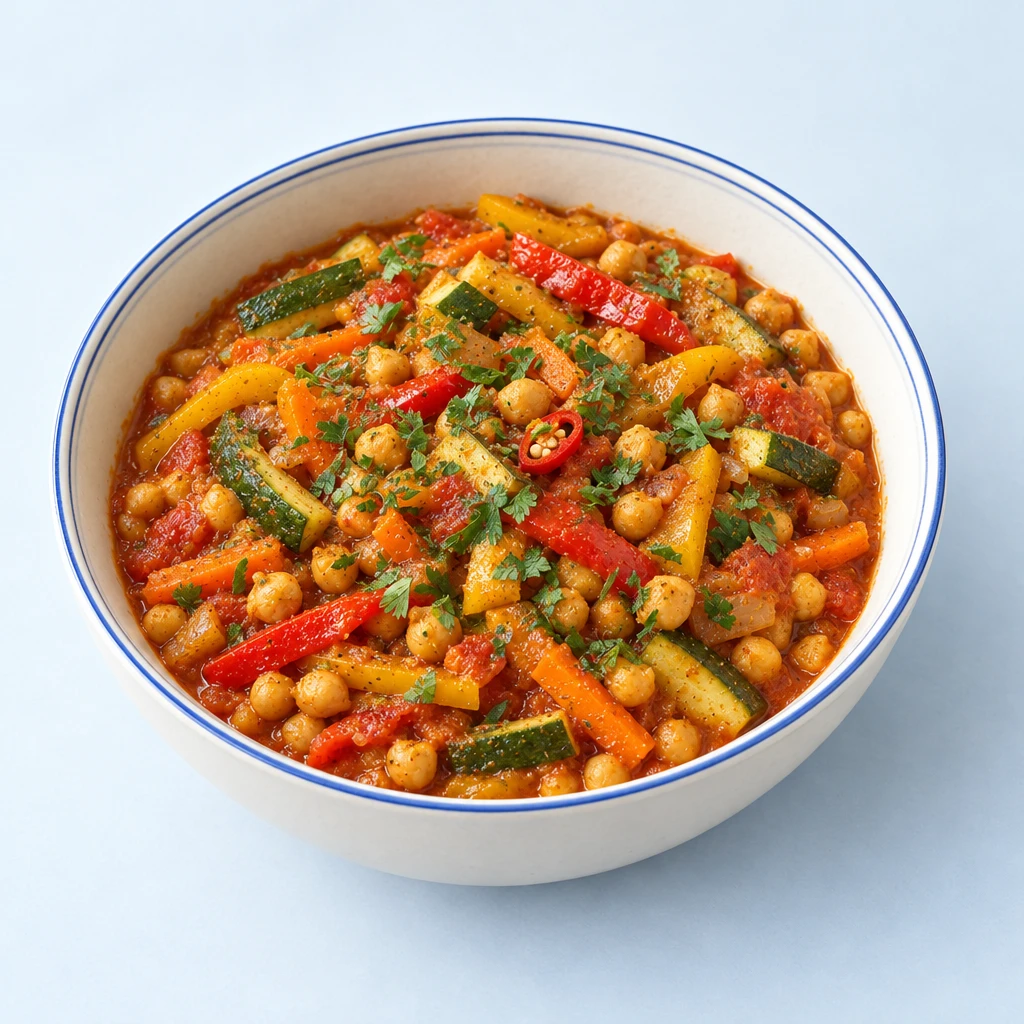 Vegetarische Tajine mit Kichererbsen in Tomatensauce, Zucchini, Karotten, roter und gelber Paprika sowie glatter Petersilie.
