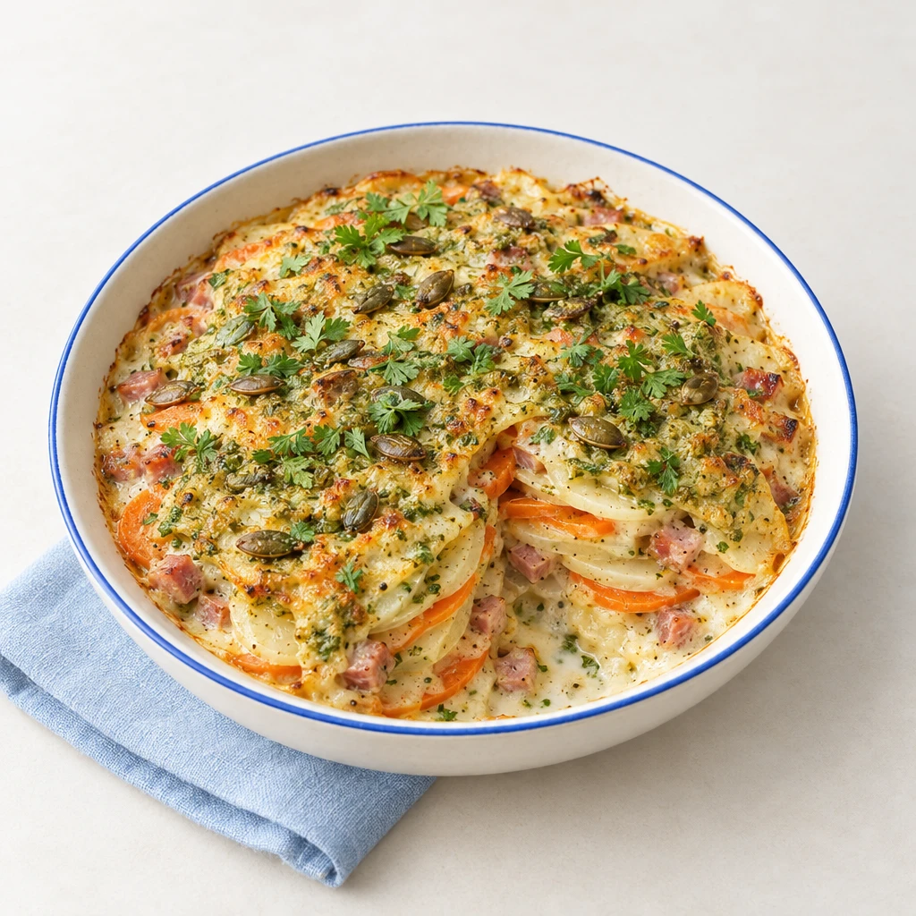 Kohlrabi-Auflauf mit Karottenscheiben, Schinkenwürfeln, cremiger Béchamelsauce und grünem Kürbiskern-Kerbel-Pesto auf einem Teller.