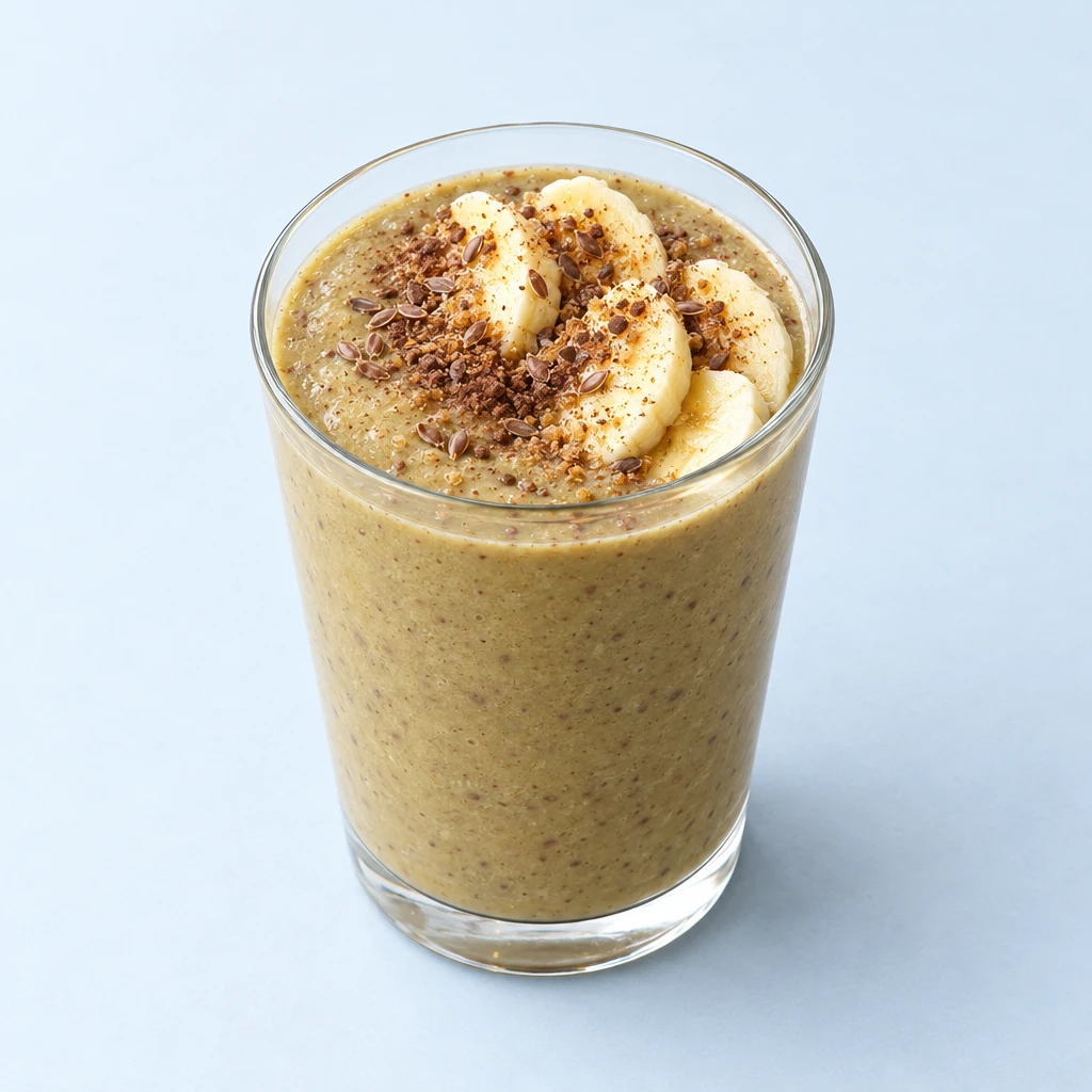 Cremiger Avocado-Kakao-Smoothie im Glas, mit Bananenstreifen und Kokosblütenzucker garniert.