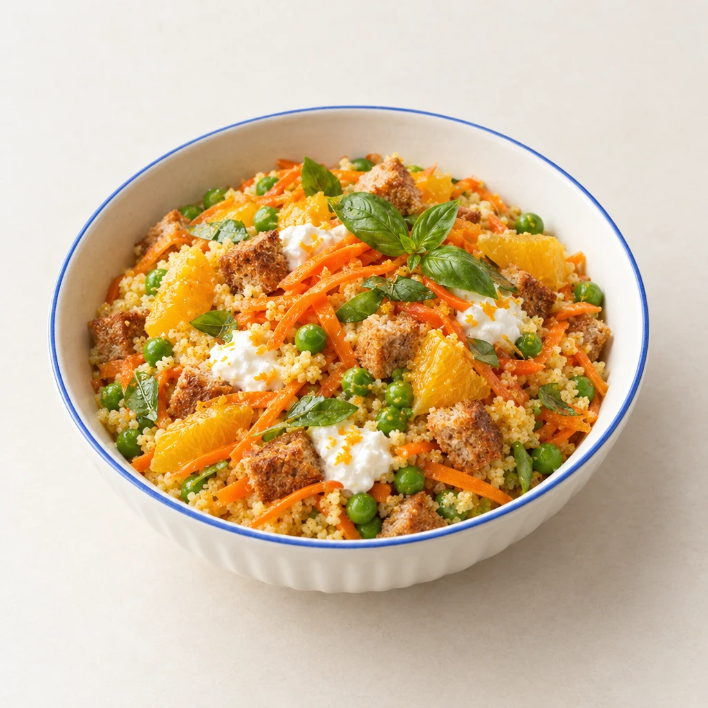 Couscoussalat im Glas mit Erbsen, Orangenfilets, Quark und gerösteten Brotwürfeln, mit Karottenstreifen und Basilikum bedeckt.
