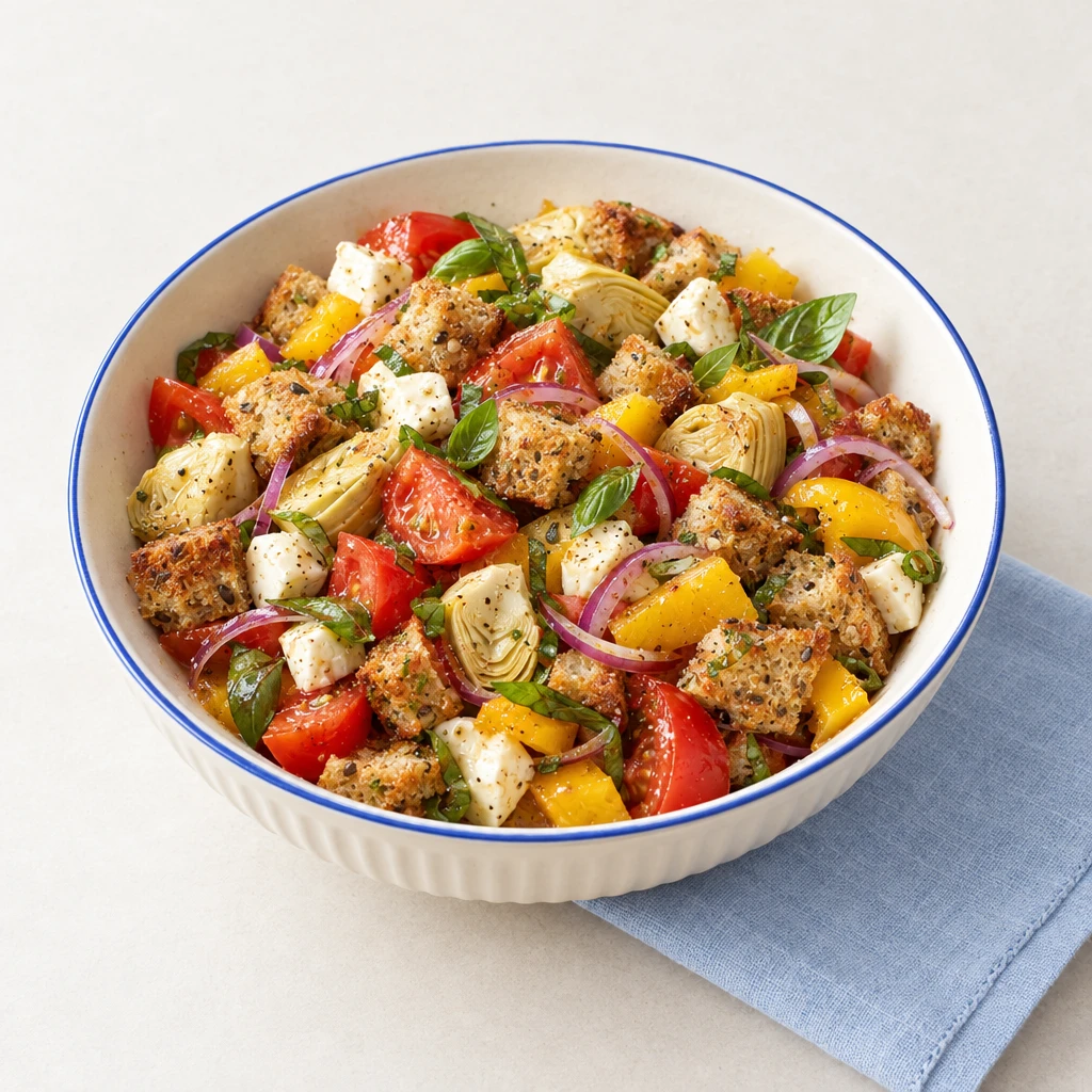 Tomaten-Paprika-Brotsalat mit Artischocken, roten Zwiebeln, knusprigen Brotwürfeln, Mozzarella und Basilikum.