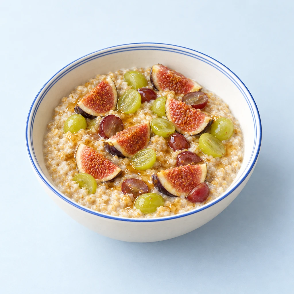 Bulgur-Porridge mit Feigenvierteln, halbierten Weintrauben und Honig in einer Schale.