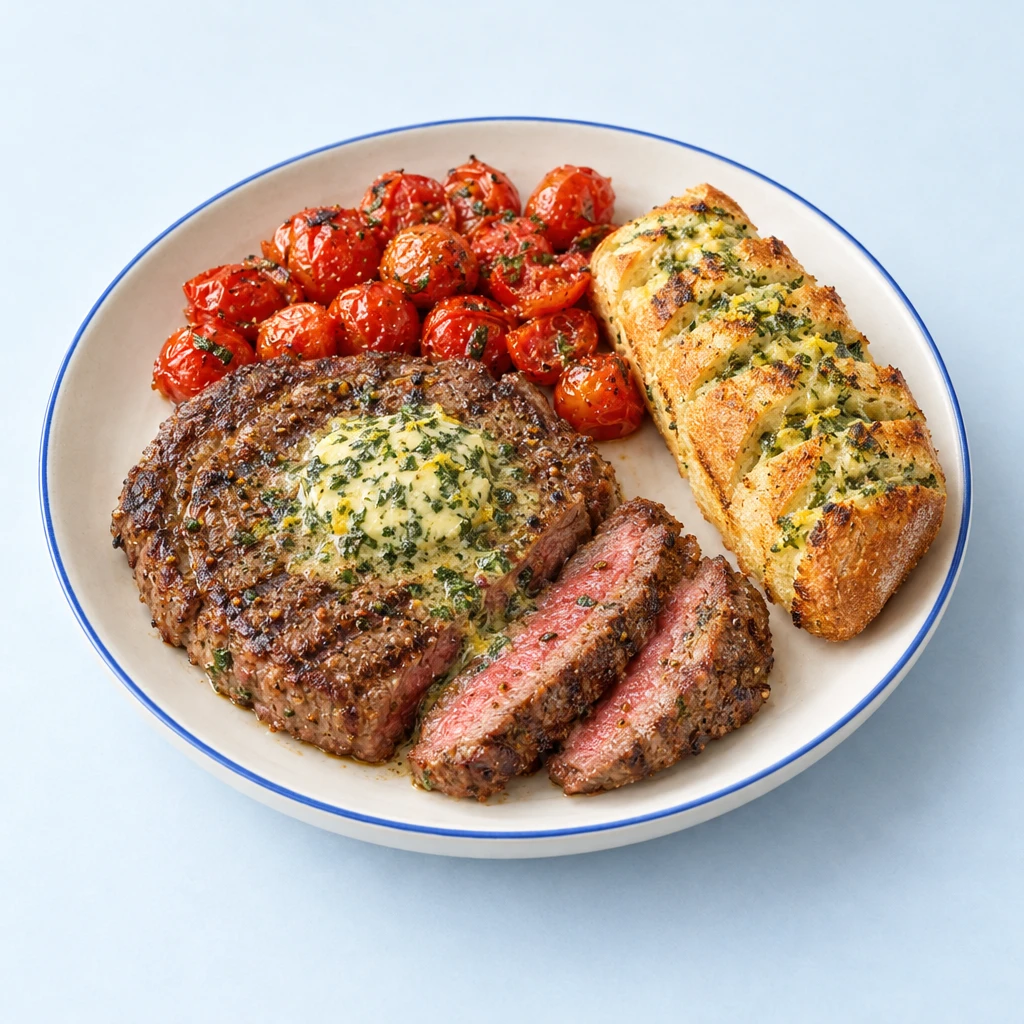 Gegrilltes Rib-Eye-Steak mit rosa Anschnitt, Kräuterbutter-Baguette und aufgeplatzten Kirschtomaten auf einem Teller.