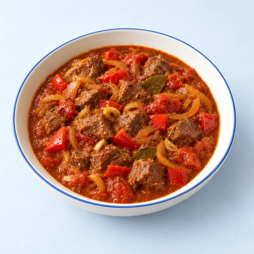 Ungarisches Rindergulasch mit roten Paprikastücken in einer kräftigen, rotbraunen Sauce.