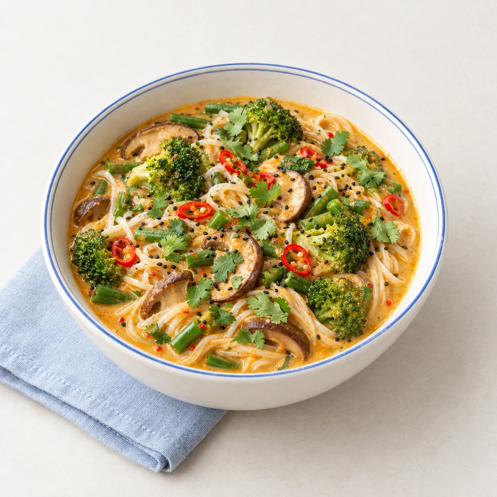 Thai-Curry mit Reisnudeln, Pilzen, Brokkoli und grünen Bohnen, bestreut mit Koriander, roten Chiliringen und Schwarzkümmel.