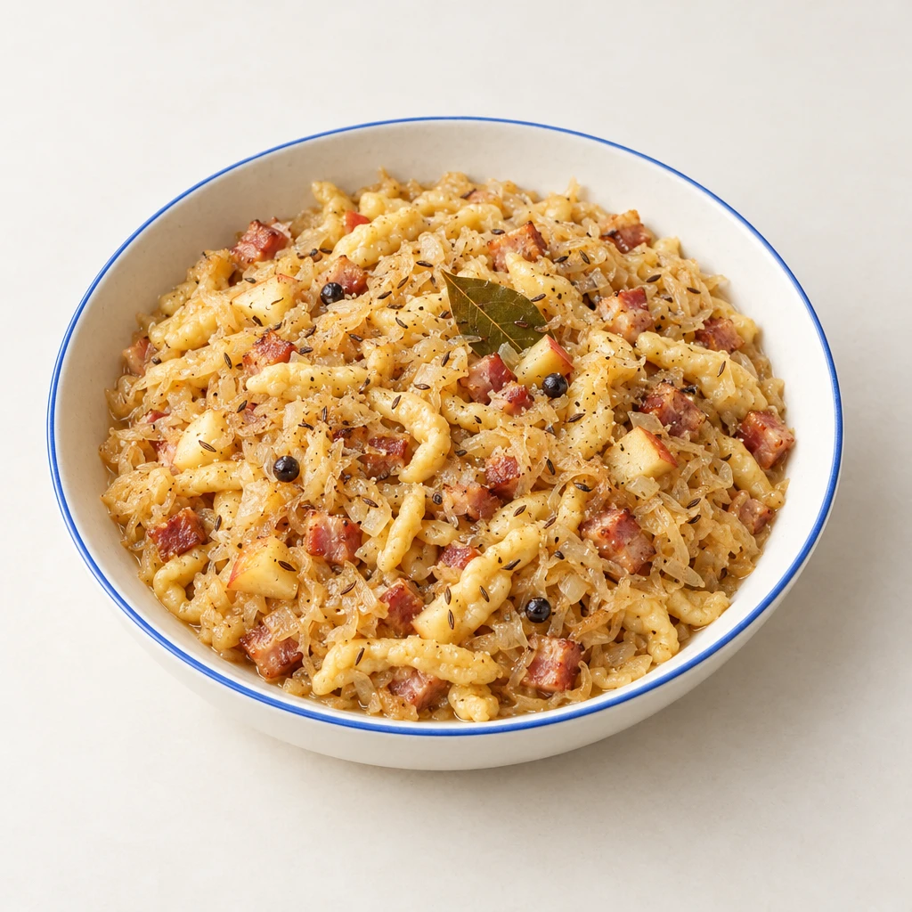 Spätzle mit Sauerkraut, geräuchertem Speck und Apfel in einer flachen Schale.