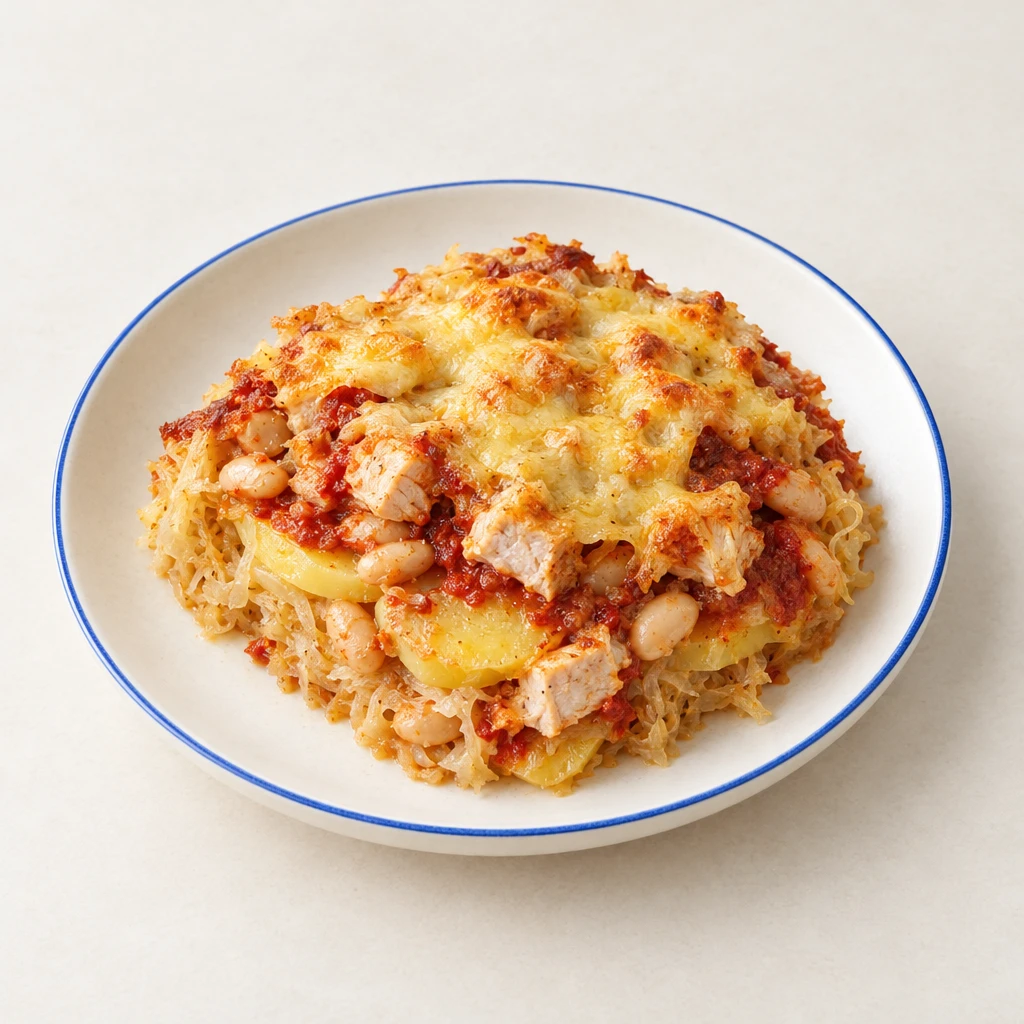 Kartoffel-Sauerkraut-Auflauf mit weißen Bohnen, Putenbrust und geschmolzenem Käse.