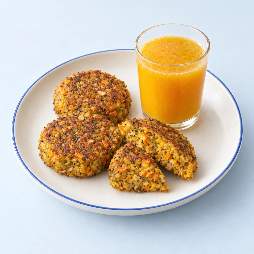Orangen-Kürbis-Ingwersaft im Glas neben kleinen, goldbraun gebratenen Fruchtfleisch-Bratlingen.