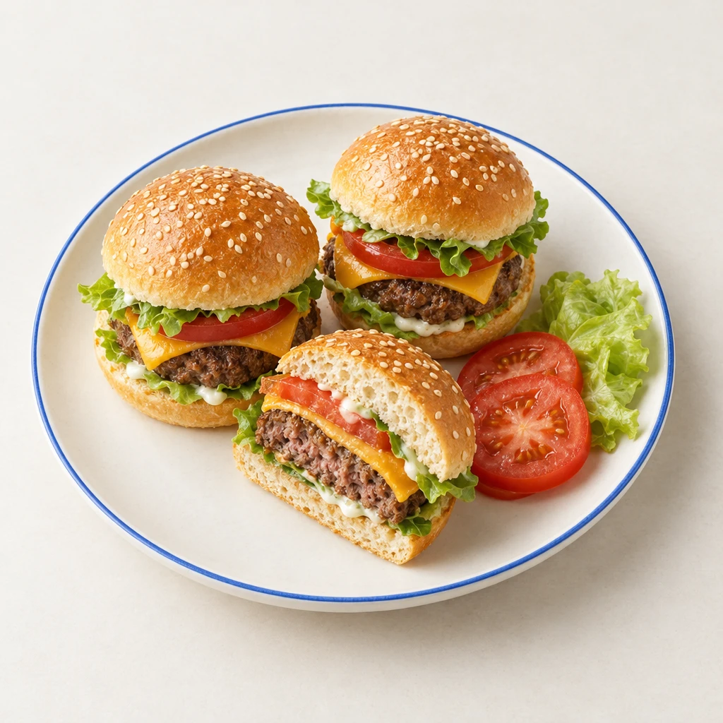 Mini-Burger mit gebräunten Hackfleisch-Buletten, Cheddar, Salat und Mayonnaise, daneben Tomatenscheiben auf einem Teller.