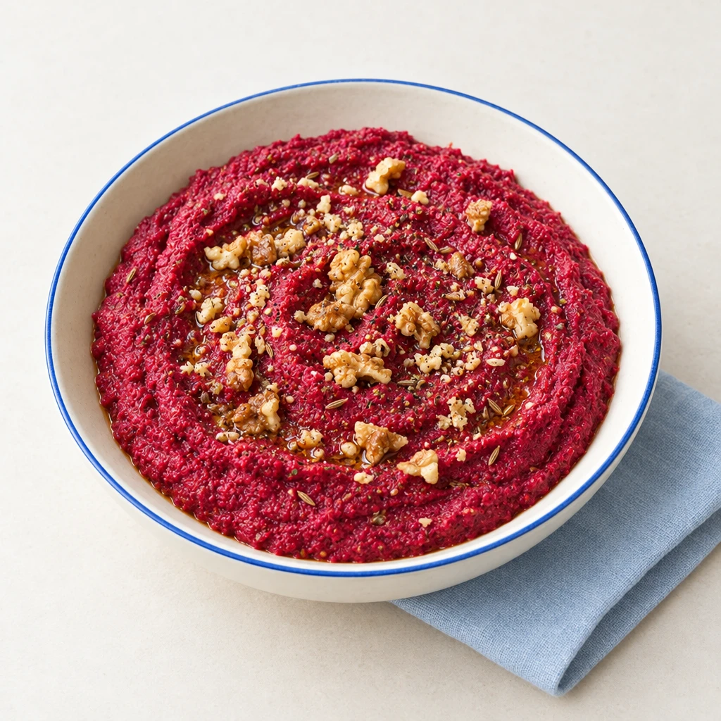 Tiefroter Rote-Bete-Aufstrich mit Kichererbsen und Walnüssen in einer flachen Schale.