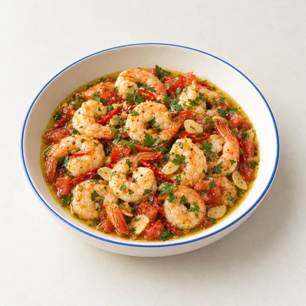 Gebratene Garnelen mit Knoblauchscheiben, roten Chilistreifen, Tomatenwürfeln und Petersilie in Olivenöl.