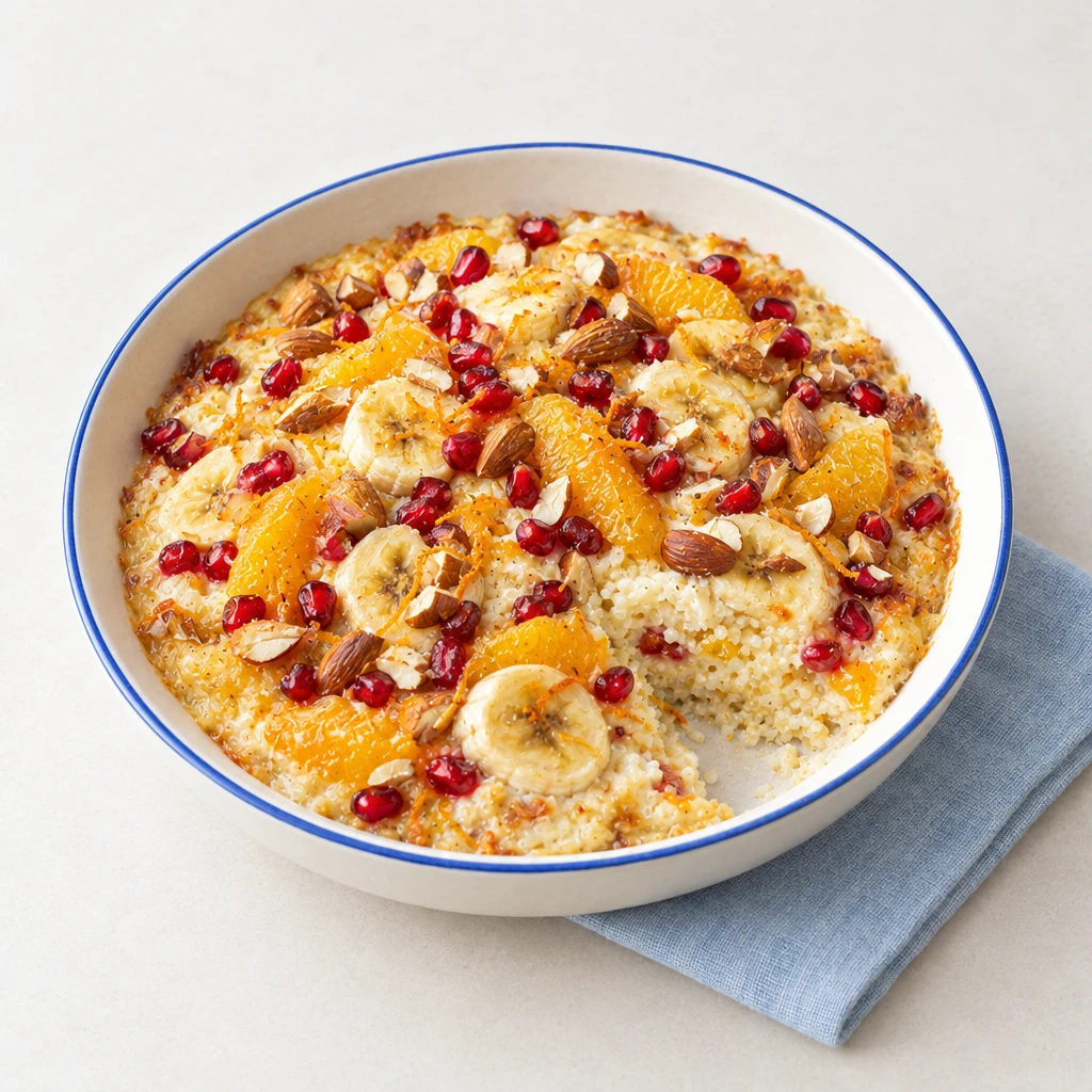 Süßer Couscous-Auflauf mit Bananenscheiben, Orangenstücken, ganzen Mandeln und Granatapfelkernen in einer flachen Schale.