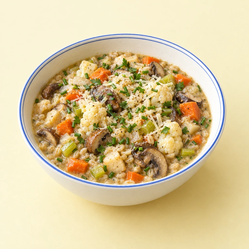 Cremiger Pilz-Graupen-Eintopf mit Blumenkohl, Möhren und Sellerie, bestreut mit Bergkäse, Schnittlauch und Petersilie.