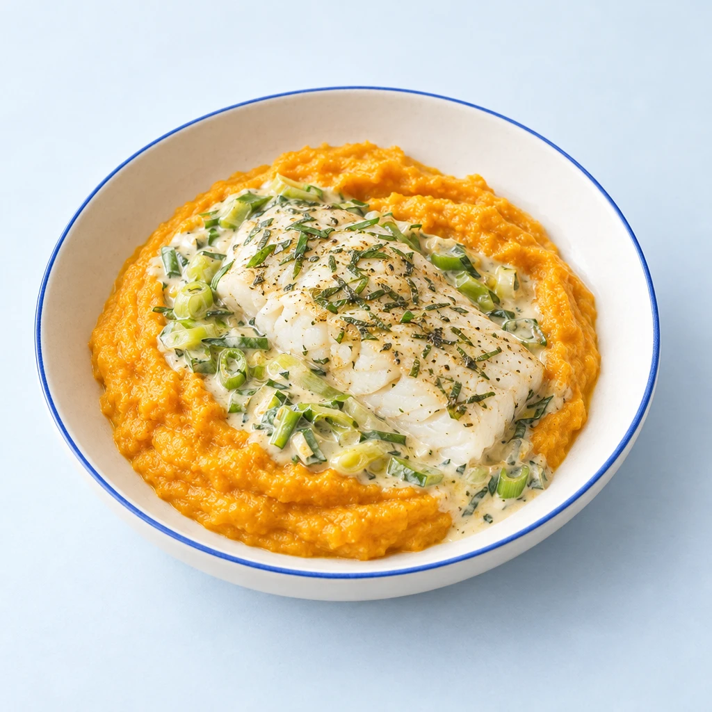 Fischfilet in cremiger Frischkäse-Orangen-Sauce mit Frühlingszwiebeln, daneben orangefarbenes Kürbis-Kartoffel-Püree.