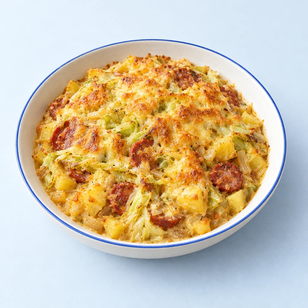 Spitzkohl-Kartoffel-Auflauf mit Chorizoscheiben, cremiger Sauce und goldbrauner Emmentalerkruste.