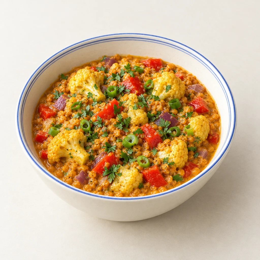 Linsen-Curry mit Blumenkohl und roter Paprika, garniert mit Frühlingszwiebeln und Petersilie.