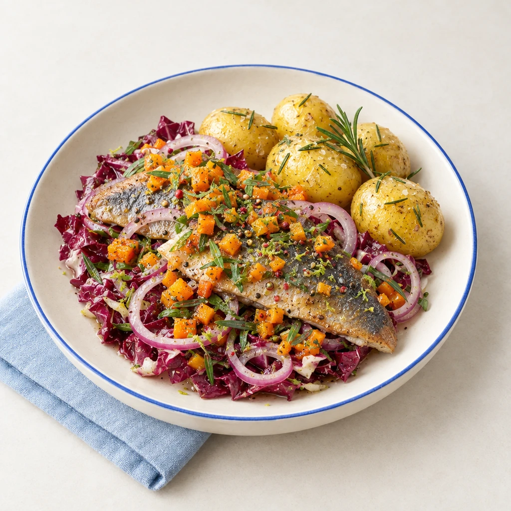 Bratheringsfilets auf rotem Kopfsalat mit roten Zwiebelringen, feinen Kürbiswürfeln und Pellkartoffeln.