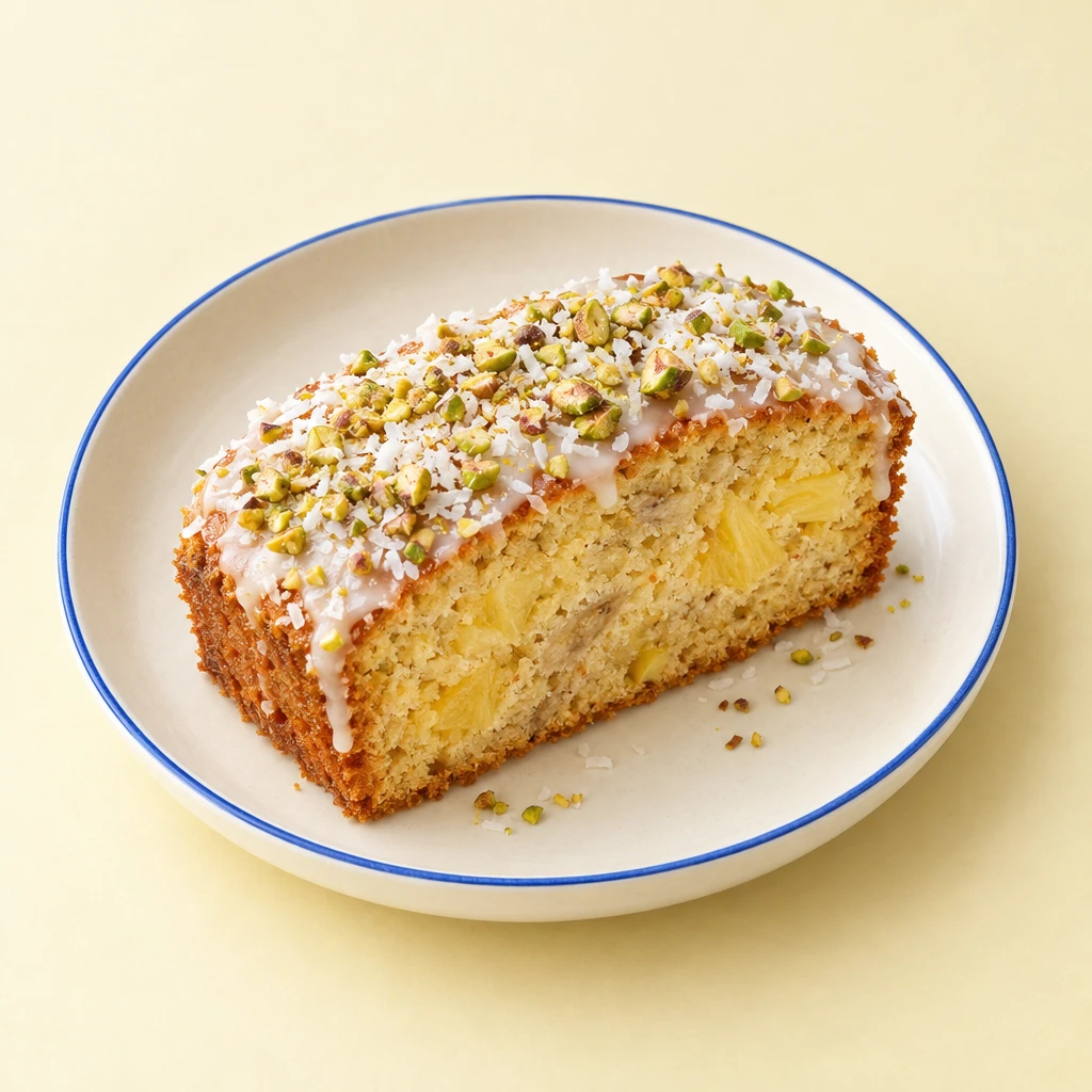 Angeschnittener Ananaskuchen in Kastenform mit heller Glasur, Kokosraspeln und gehackten Pistazien.