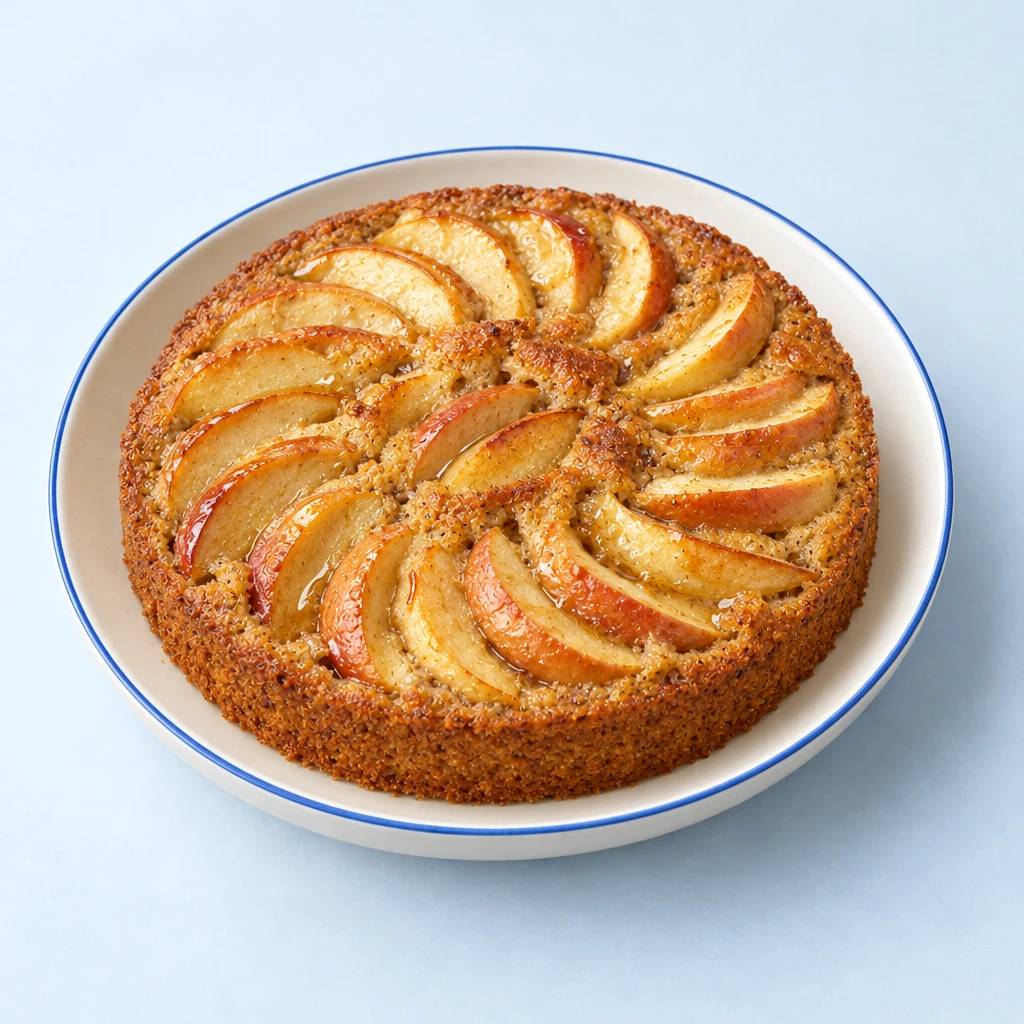 Angeschnittener Buchweizen-Apfelkuchen mit kreisförmig angeordneten, gebackenen Apfelvierteln und Ahornsirup.