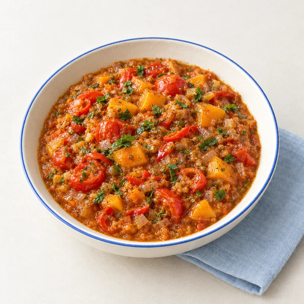 Dickliches, rötlich-braunes Tomaten-Kaki-Chutney mit feinen Minzstückchen in einer flachen Schüssel.