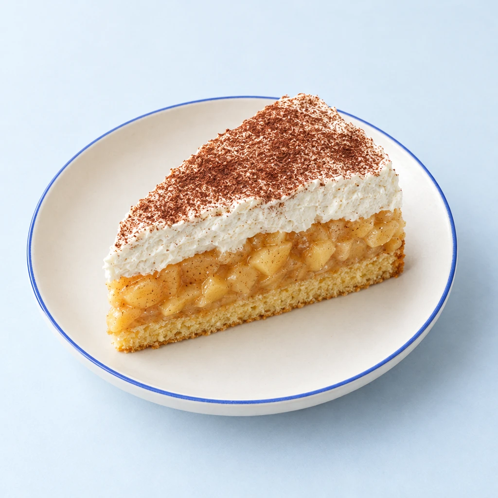 Angeschnittene Apfel-Sahne-Torte mit Rührteigboden, goldgelber Apfelfüllung und kakaobestäubter Sahneschicht.