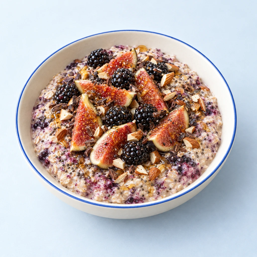 Geschichtete Overnight Oats im Glas mit Feigenscheiben, Brombeeren, Sojajoghurt, Kakaonibs und Honig.