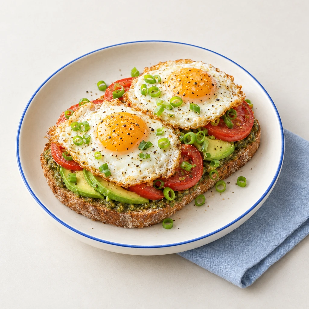 Sauerteigbrot mit Avocado, Tomaten, Frühlingszwiebeln und in Basilikumpesto gebratenen Spiegeleiern.