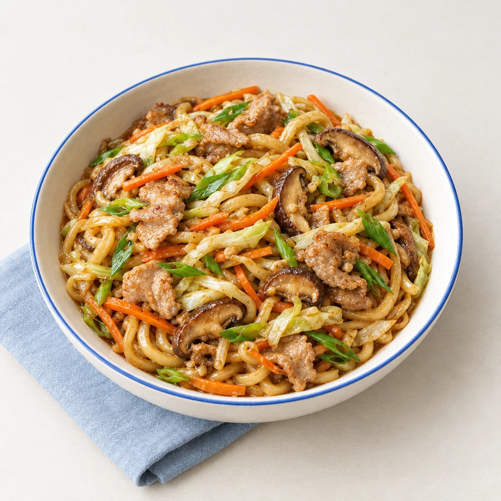 Yaki Udon mit Schweinefleisch, Shiitake-Pilzen, Karotten, Weißkohl und Frühlingszwiebeln in einer flachen Schale.