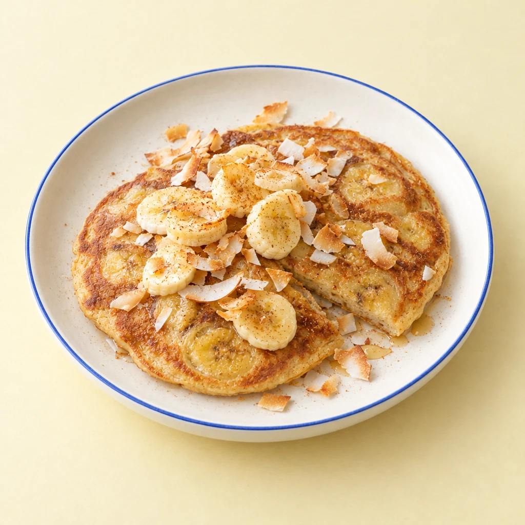 Goldbraune Bananen-Pfannkuchen mit sichtbaren Bananenscheiben und gerösteten Kokoschips auf einem Teller.