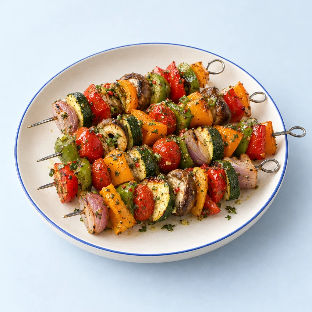 Gegrillte Gemüsespieße mit Zucchini, Schalotten, Shiitake-Pilzen, Tomaten und bunten Paprikastücken in Kräutermarinade auf einem Teller.