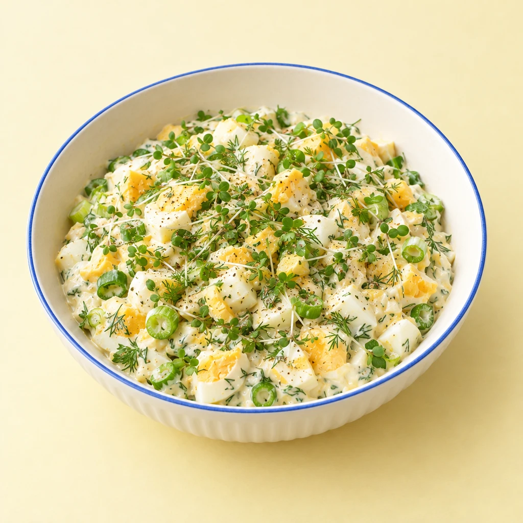 Cremiger Eiersalat mit gewürfelten Eiern, Frühlingszwiebeln, Dill und Kresse in einer flachen Schüssel.