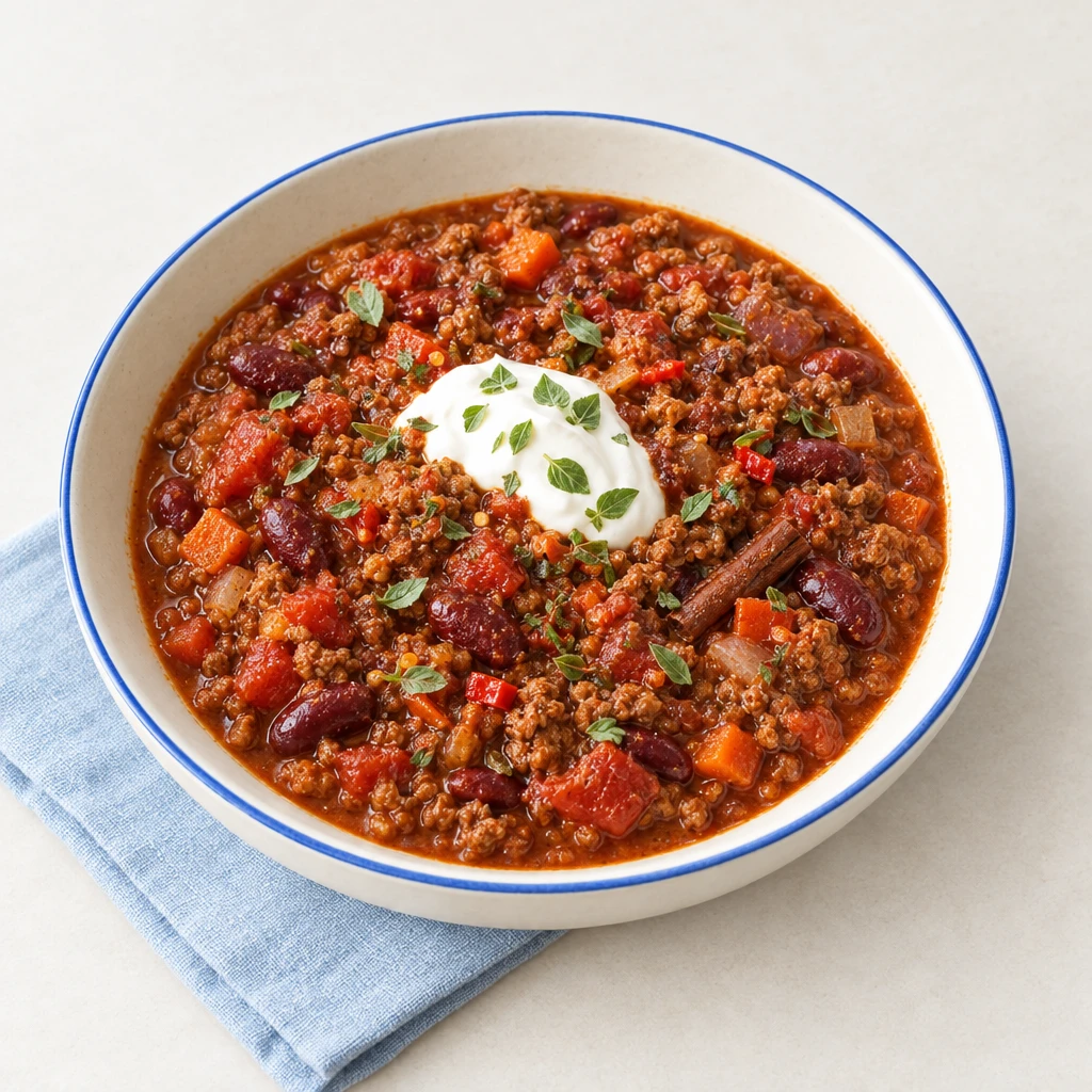 Chili con Carne mit Rinderhackfleisch, Kidneybohnen und saurer Sahne in einer Schale.