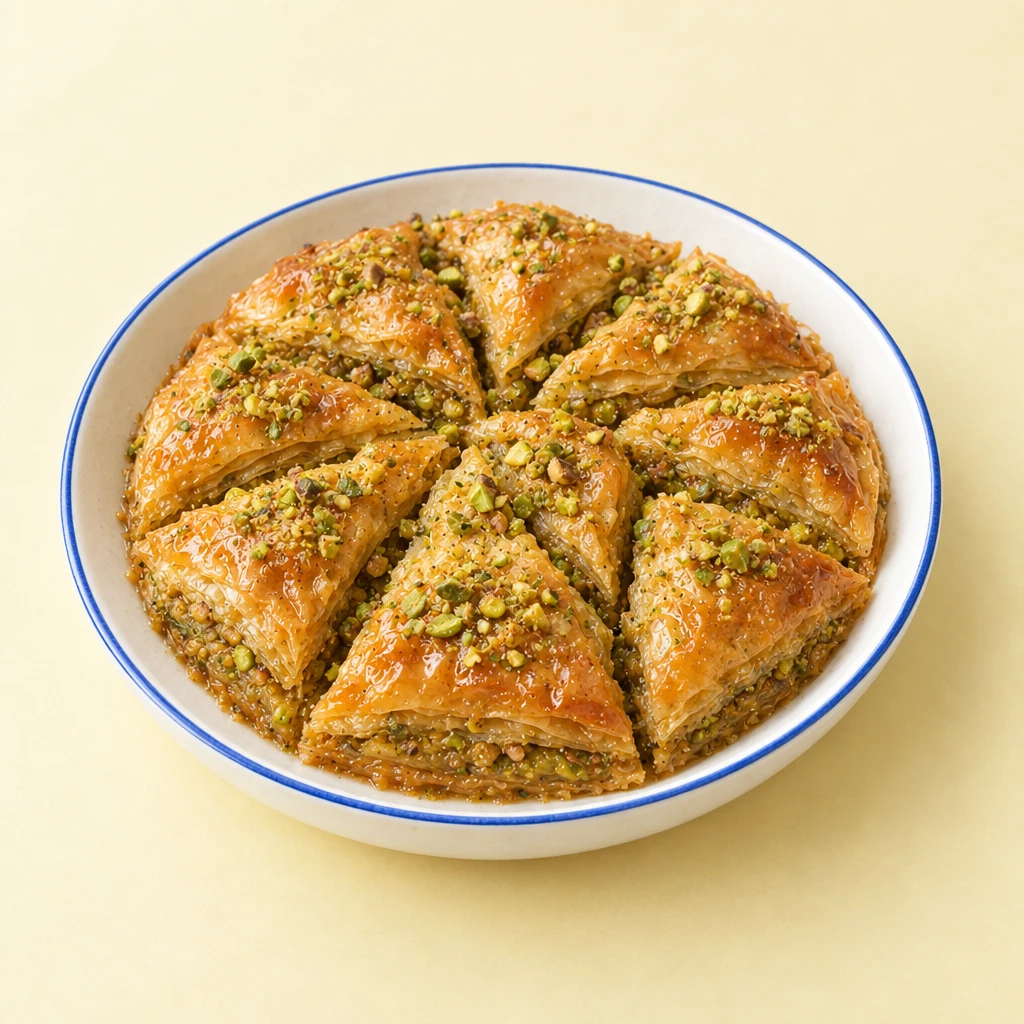Goldbraune Baklava mit knusprigen Filoteigschichten, Pistazienfüllung und glänzendem Honigsirup, mit gehackten Pistazien bestreut.