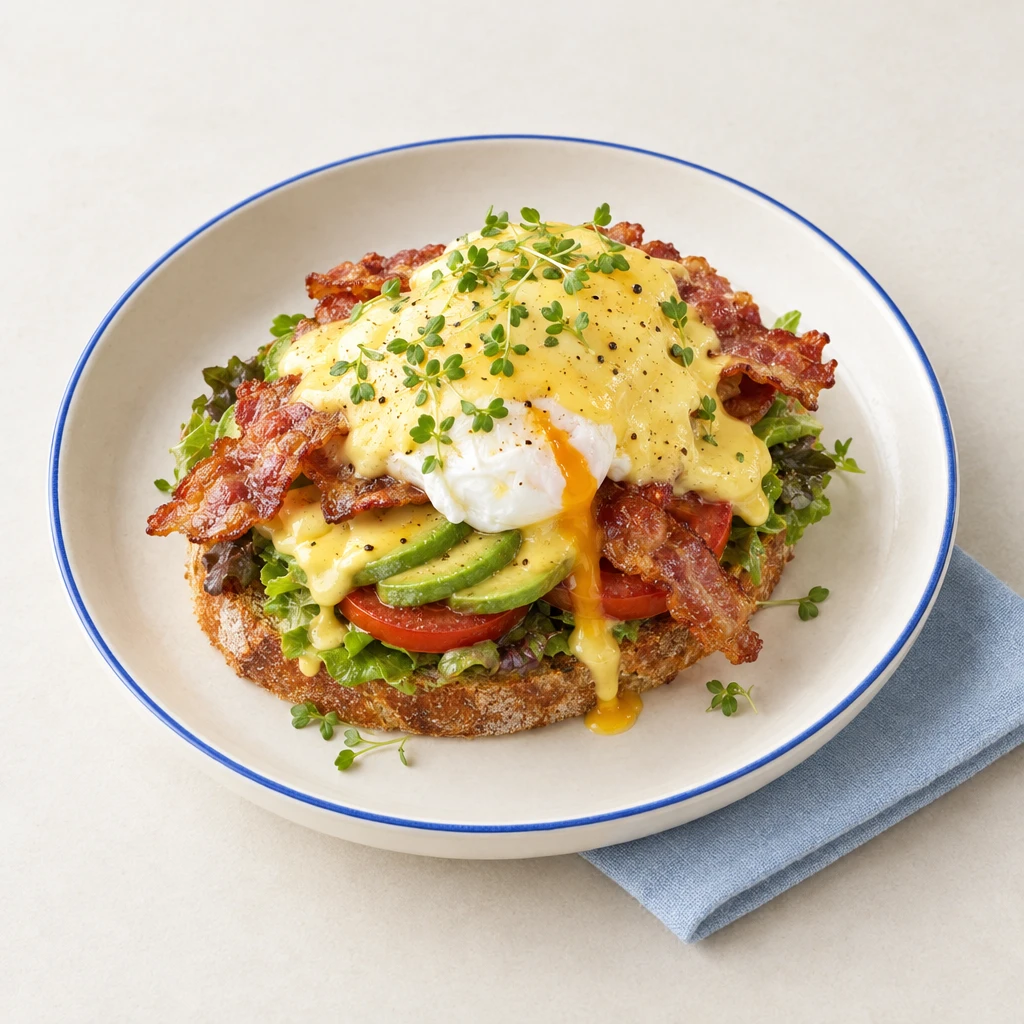 Eggs Benedict auf geröstetem Krustenbrot mit Salat, Tomaten, Avocado, knusprigem Bacon, Sauce hollandaise und Kresse.
