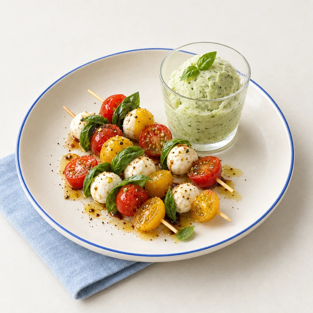 Basilikum-Joghurt-Sorbet mit gelben und roten Tomaten sowie Mozzarella-Basilikum-Spießen auf einem Teller.