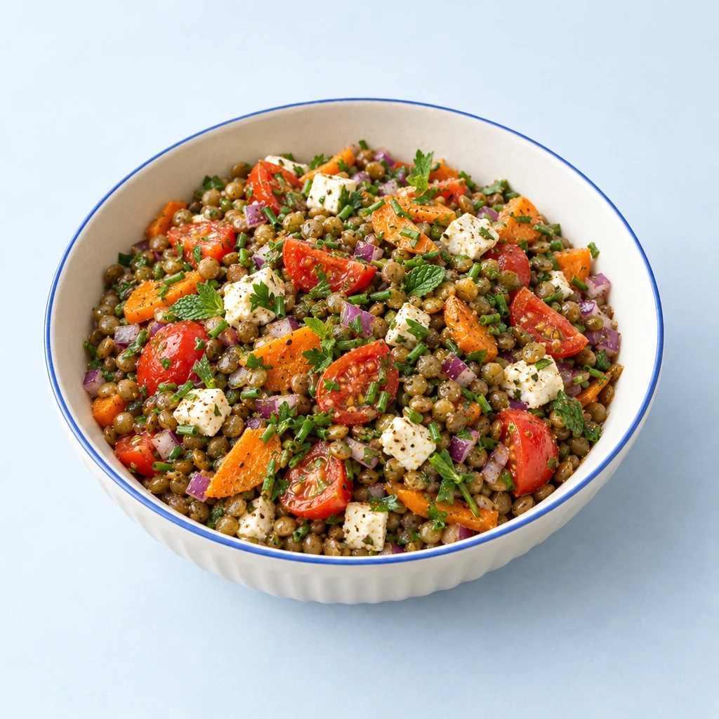 Linsensalat mit Feta, Tomaten, Möhren, roten Zwiebeln und Kräutern in einer Schüssel.