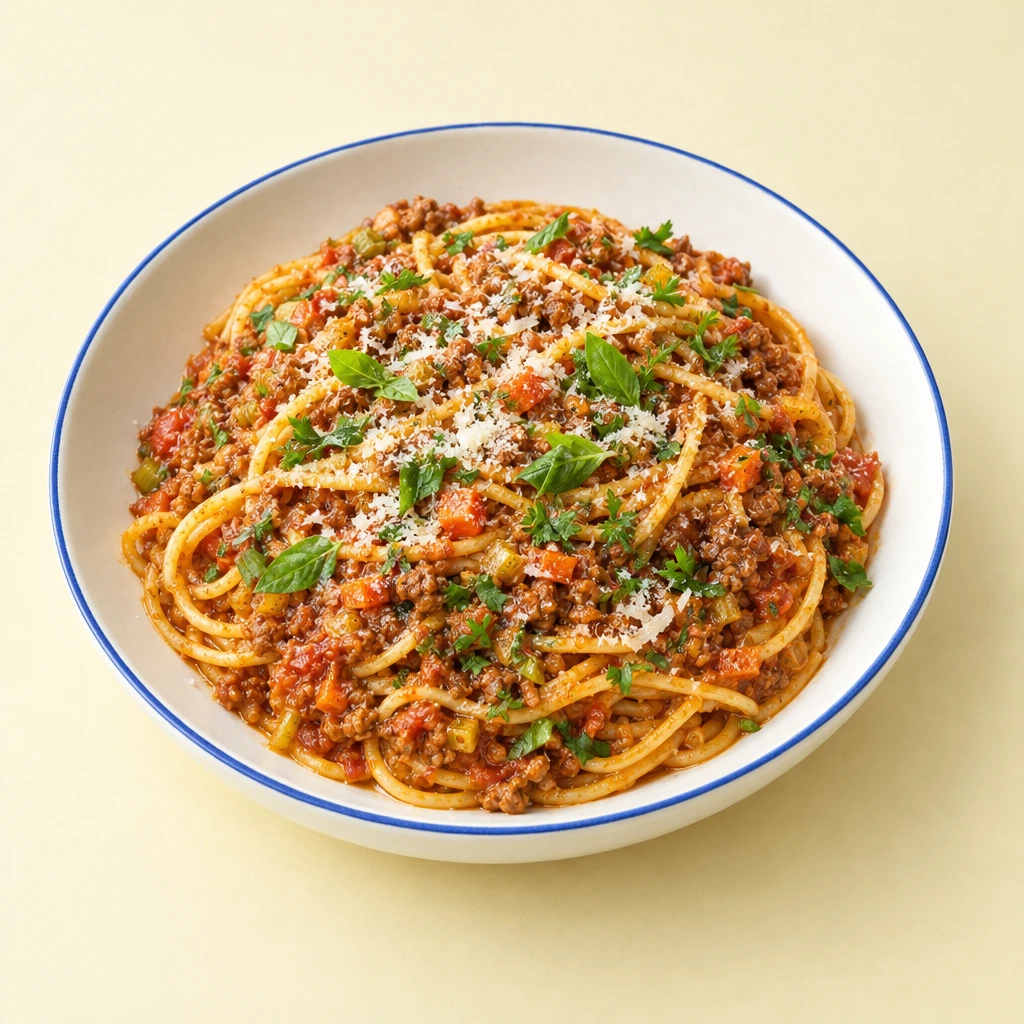Spaghetti mit Rinderbolognese, geriebenem Parmesan und fein geschnittener Petersilie und Basilikum auf einem Teller.