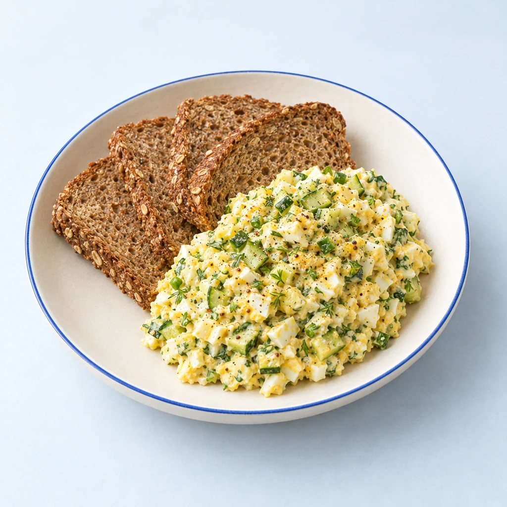 Eieraufstrich mit fein geschnittener Gurke und frischen Kräutern auf Vollkornbrot.