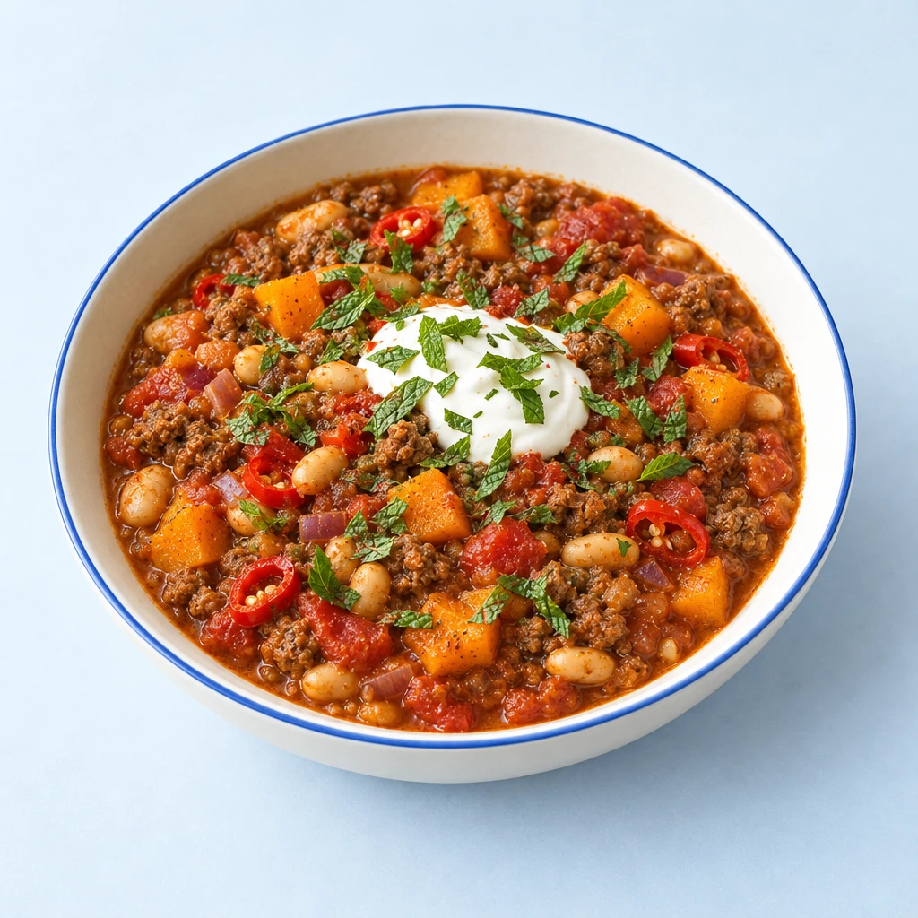 Chili con Carne mit Rinderhackfleisch, Kürbis und weißen Bohnen, garniert mit Crème fraîche und Minze in einer Schale.